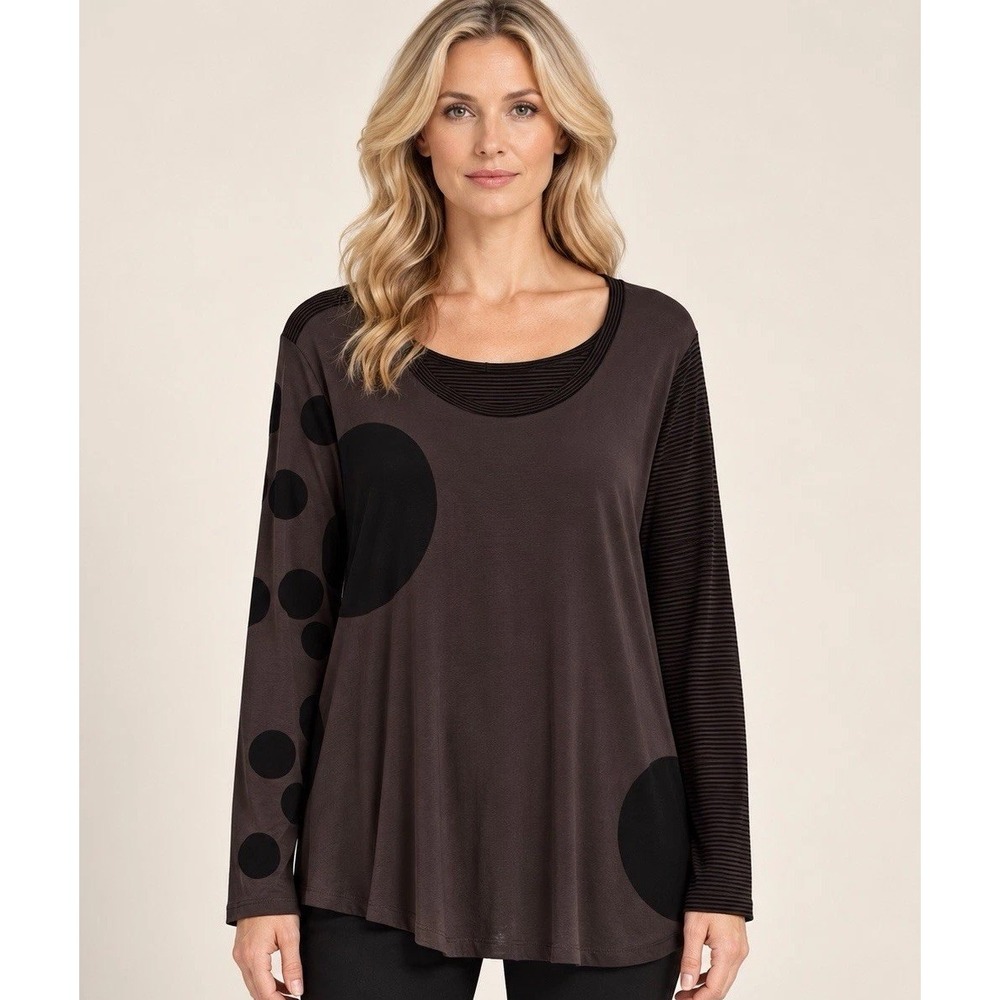 Alembika Top Polka Dot Stripe Art Mixed Print Long Sleeve Made in Israel (8-10)